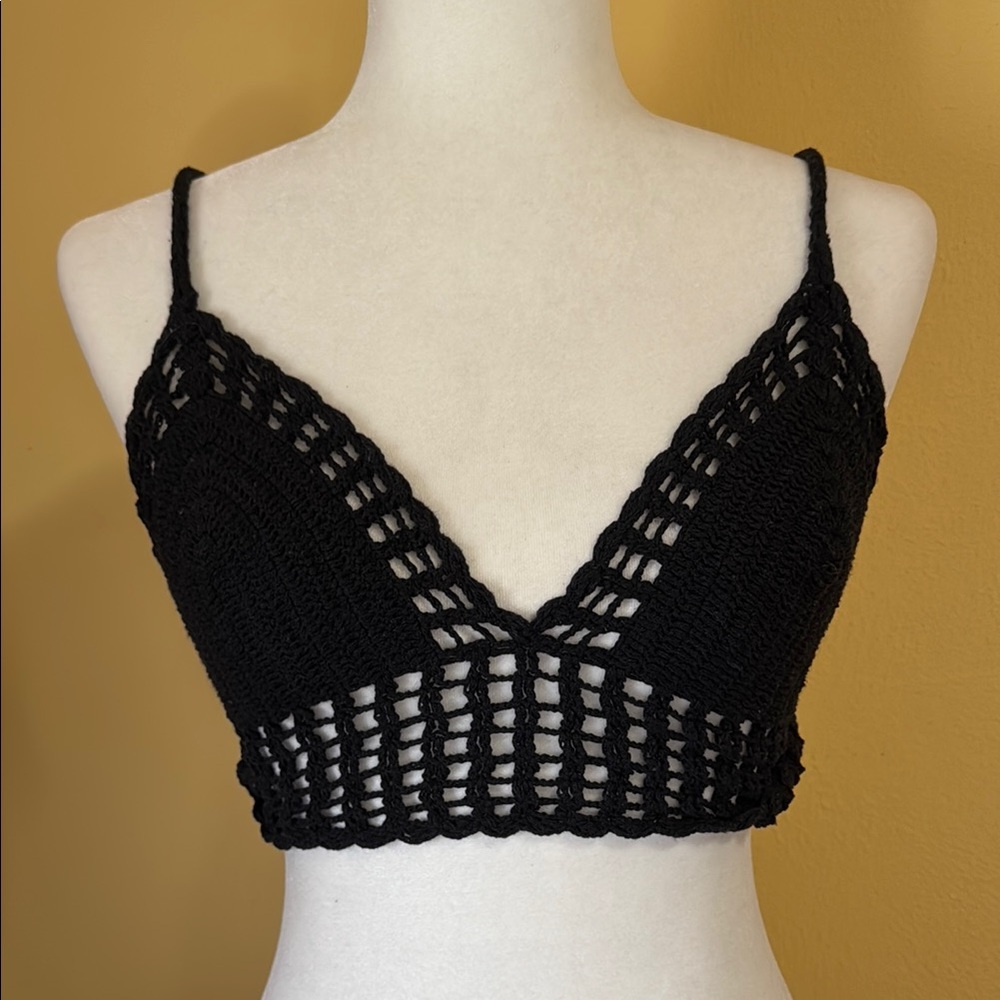 Vintage Black Crochet Boho Hippie Bralette Halter Top